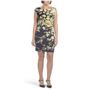Anne Klein Womens Blue Yellow Floral Boat Neck Side Pleat Sheath Dress Sz 8 New